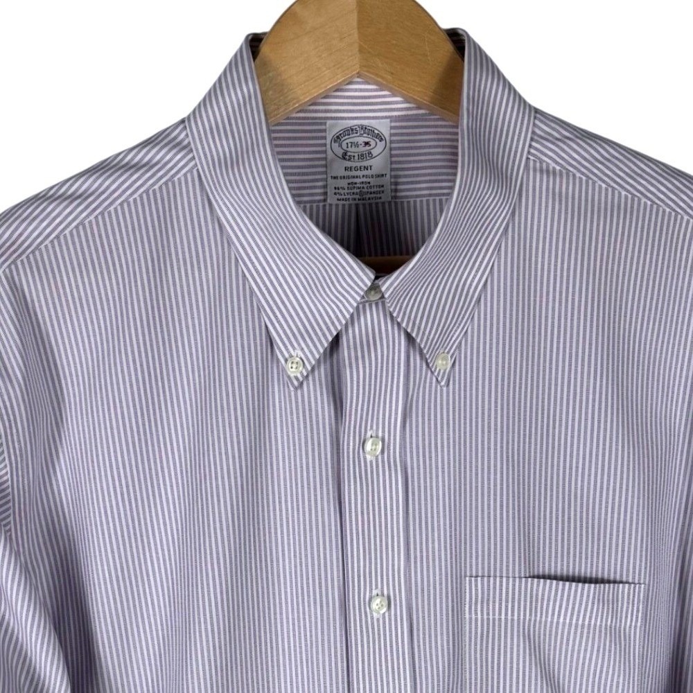 Brooks Brothers Regent Fit Striped Non-Iron Shirt Mens 17.5 35 Purple White